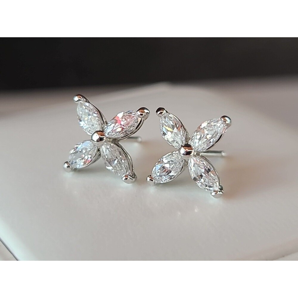925 Sterling Silver CZ Floral Stud Earrings Vintage